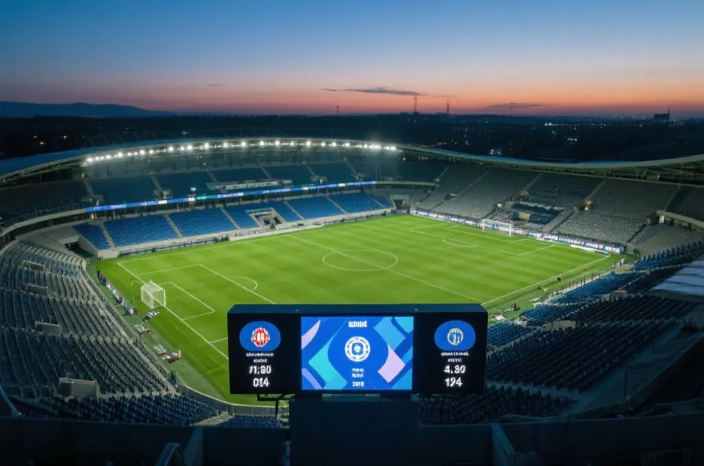 An expansive overhead view of a modern soccer stadium pitch under evening lights, with a generic digital scoreboard displaying abstract match statistics